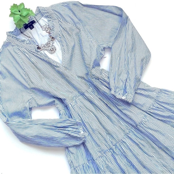 J Crew Tiered Popover Mini Dress Stripe Cotton Poplin Blue White Stripe Tiered M - Picture 2 of 13